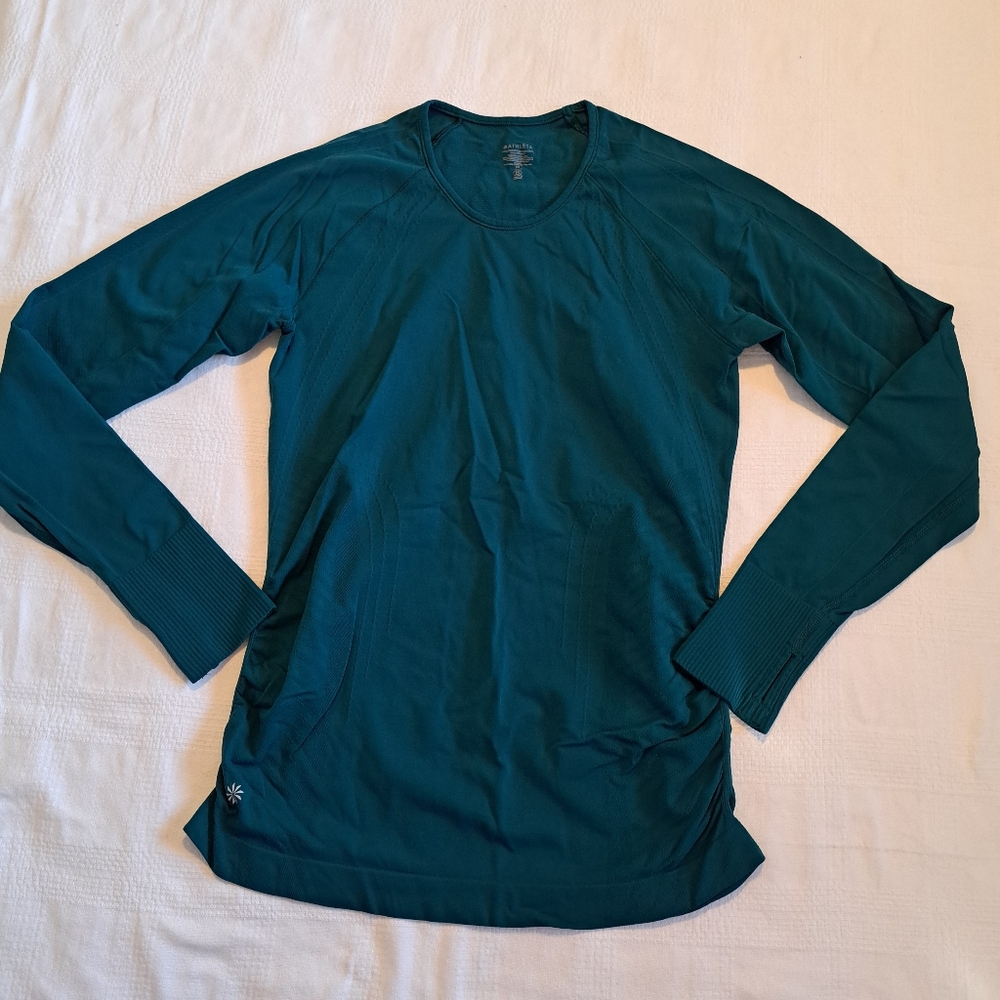 Athleta women's size Medium shirt long sleeve top dark teal green ruched sides - Picture 1 of 8